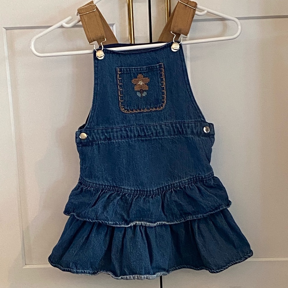 Little Lass Western Jean Overalls Dress Denim Cowgirl Ruffle Tiered Skirt Sz 5